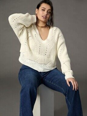 NWT Anthropologie Off White Chunky Knit Layered V-neck Pullover Sweater
